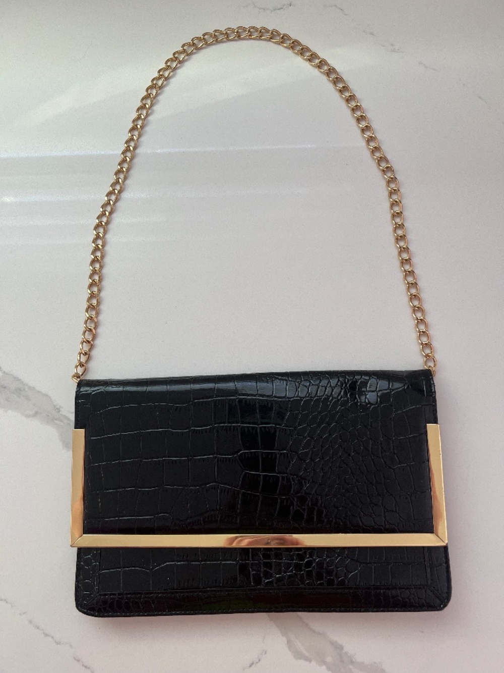Black Croc Leather Clutch Gold Chain Evening Shoulder Bag